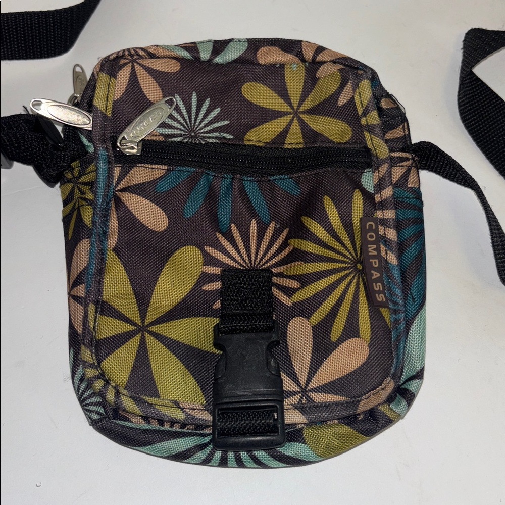 COMPASS CANVAS / NYLON CROSSBODY BAG BROWN GOLD BLUE FLORAL DESIGN MANY POCKETS